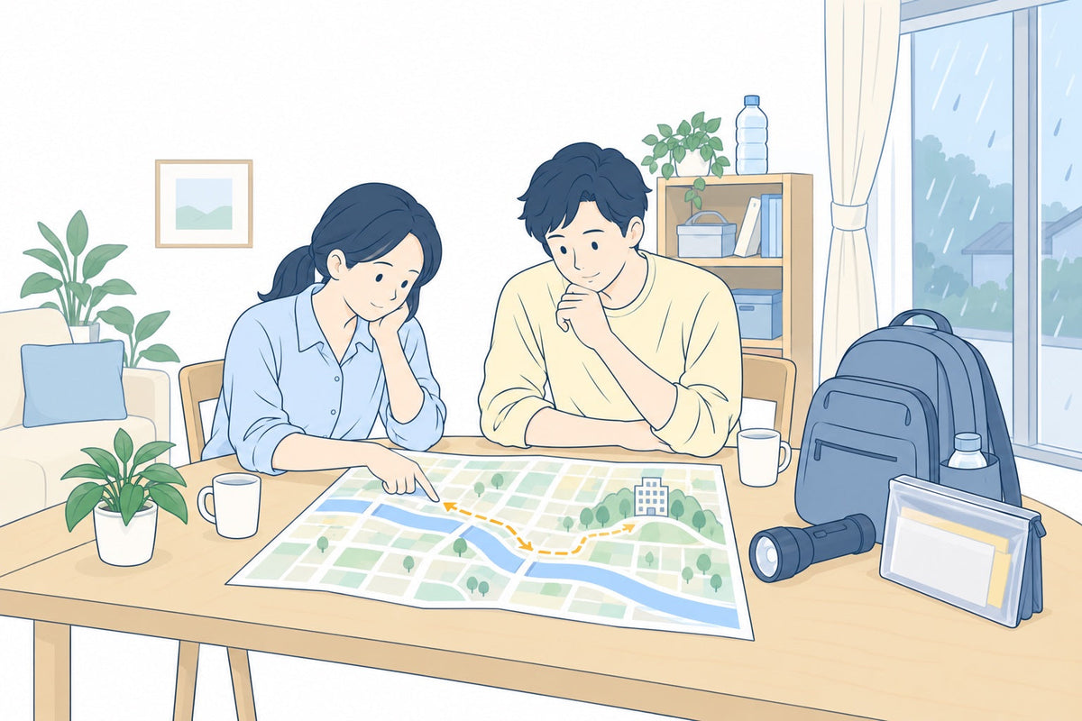 雨に備えて自宅のハザードマップと避難の持ち物を確認する様子