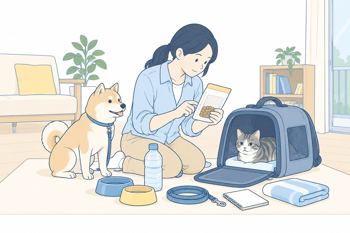 犬と猫のフード、キャリー、連絡先を飼い主が確認する様子