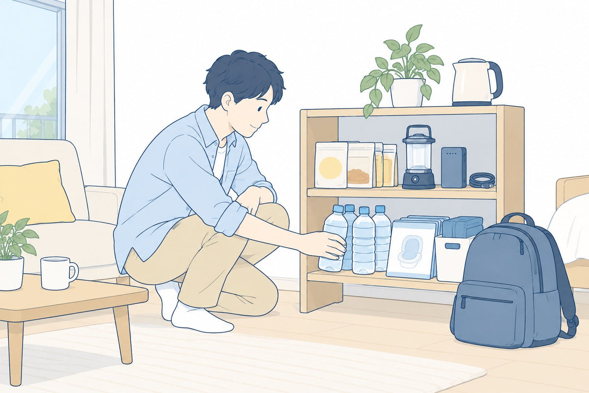 一人暮らしの部屋で水、保存食、防災リュックを整理する様子