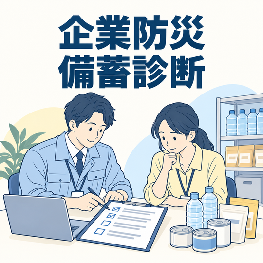 企業防災・備蓄診断。サービス内容を表す見出し入りイラスト。