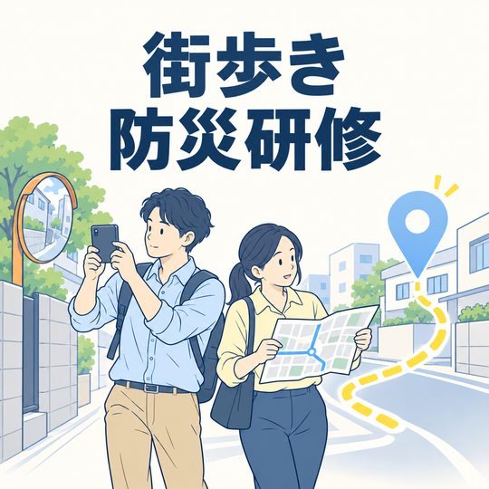 街歩き防災研修。サービス内容を表す見出し入りイラスト。