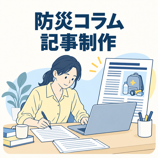 防災コラム・記事制作。サービス内容を表す見出し入りイラスト。