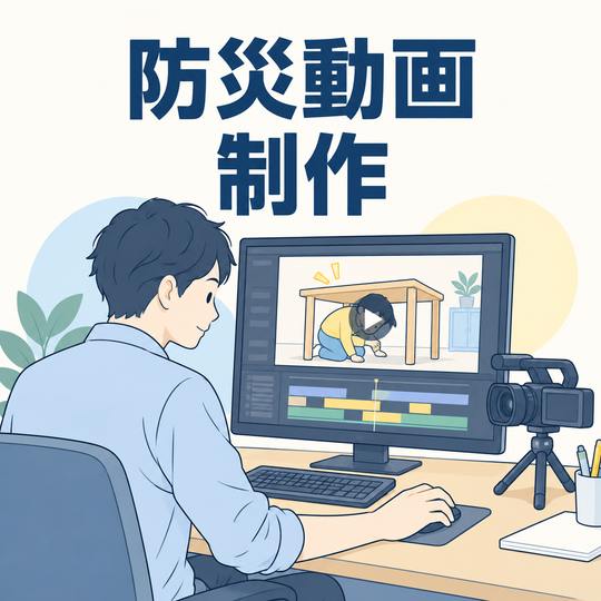 防災動画制作。サービス内容を表す見出し入りイラスト。