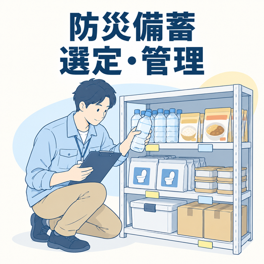 防災備蓄の選定・管理。サービス内容を表す見出し入りイラスト。