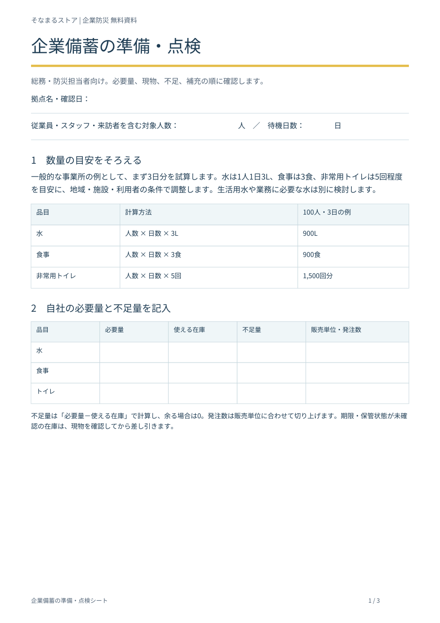企業備蓄の準備・点検シートの表紙・内容案内